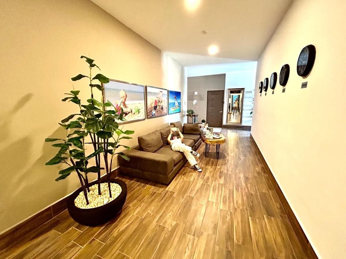Uma sala de estar moderna com piso de madeira, uma planta grande em vaso, um sofá e uma mesa de centro.