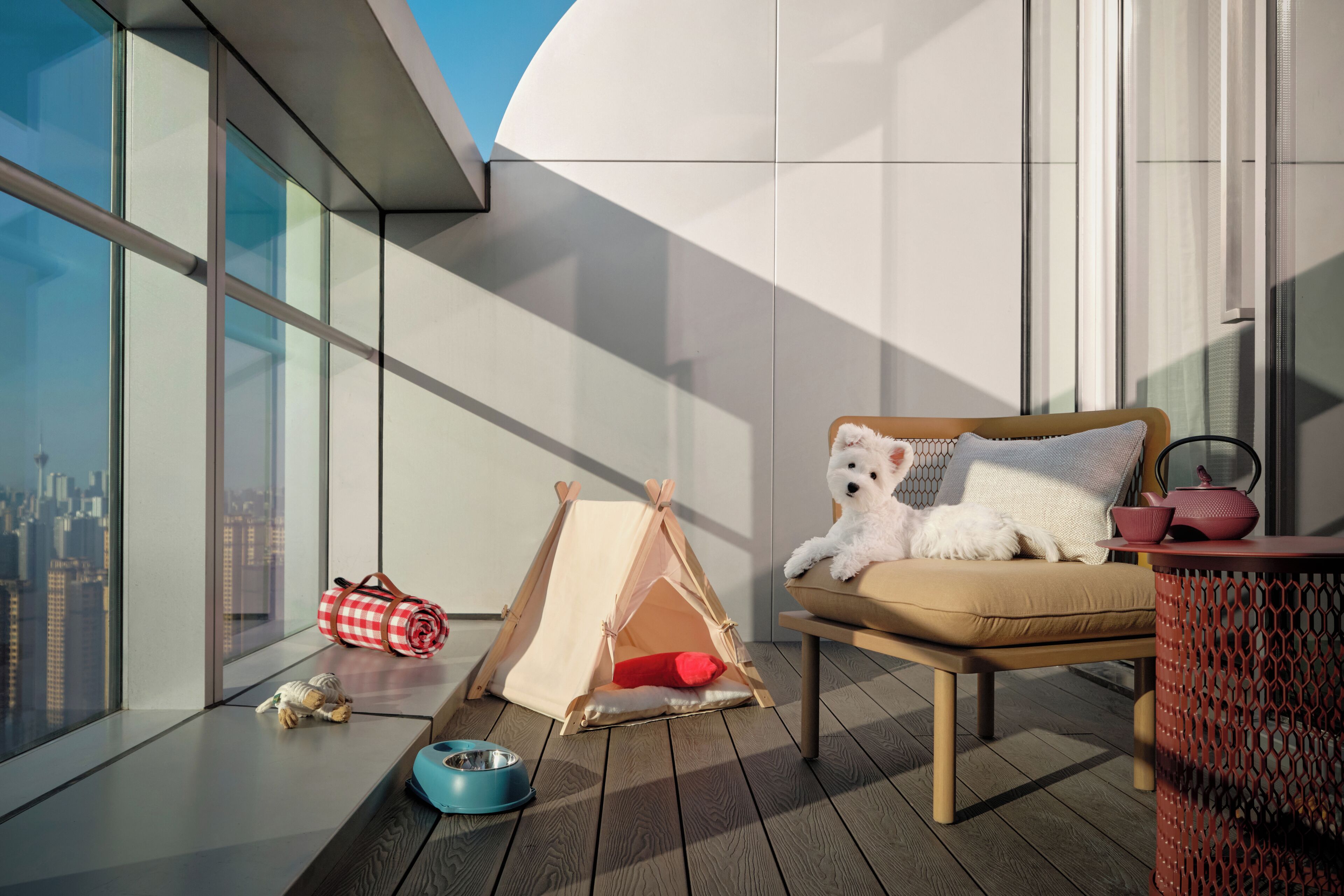 A balcony with a dog resting on a cushioned chair, a small tent, a rolled-up bag, and a pet bowl.