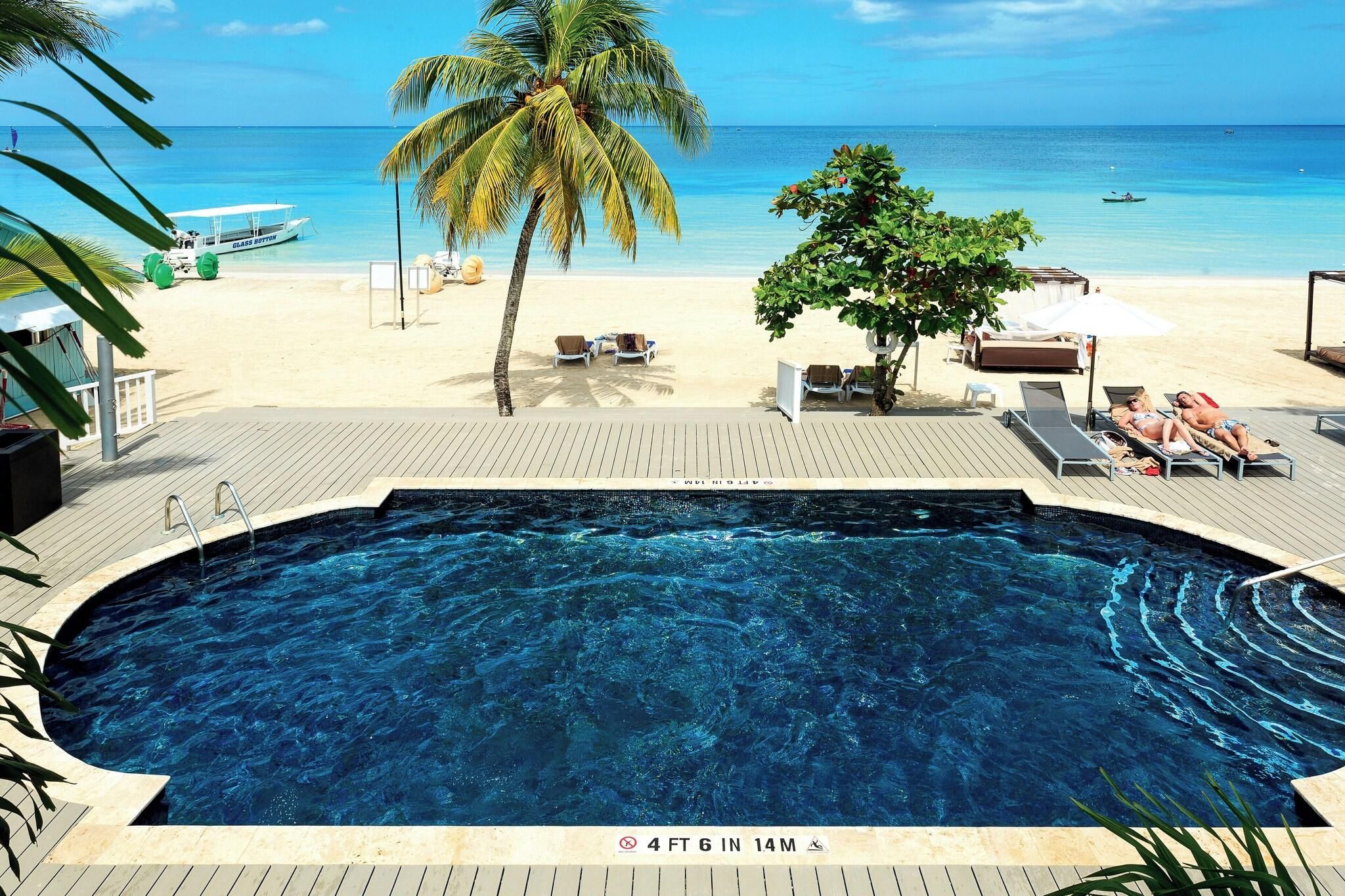 A pool with a view of the beach, lounge chairs, and a palm tree.