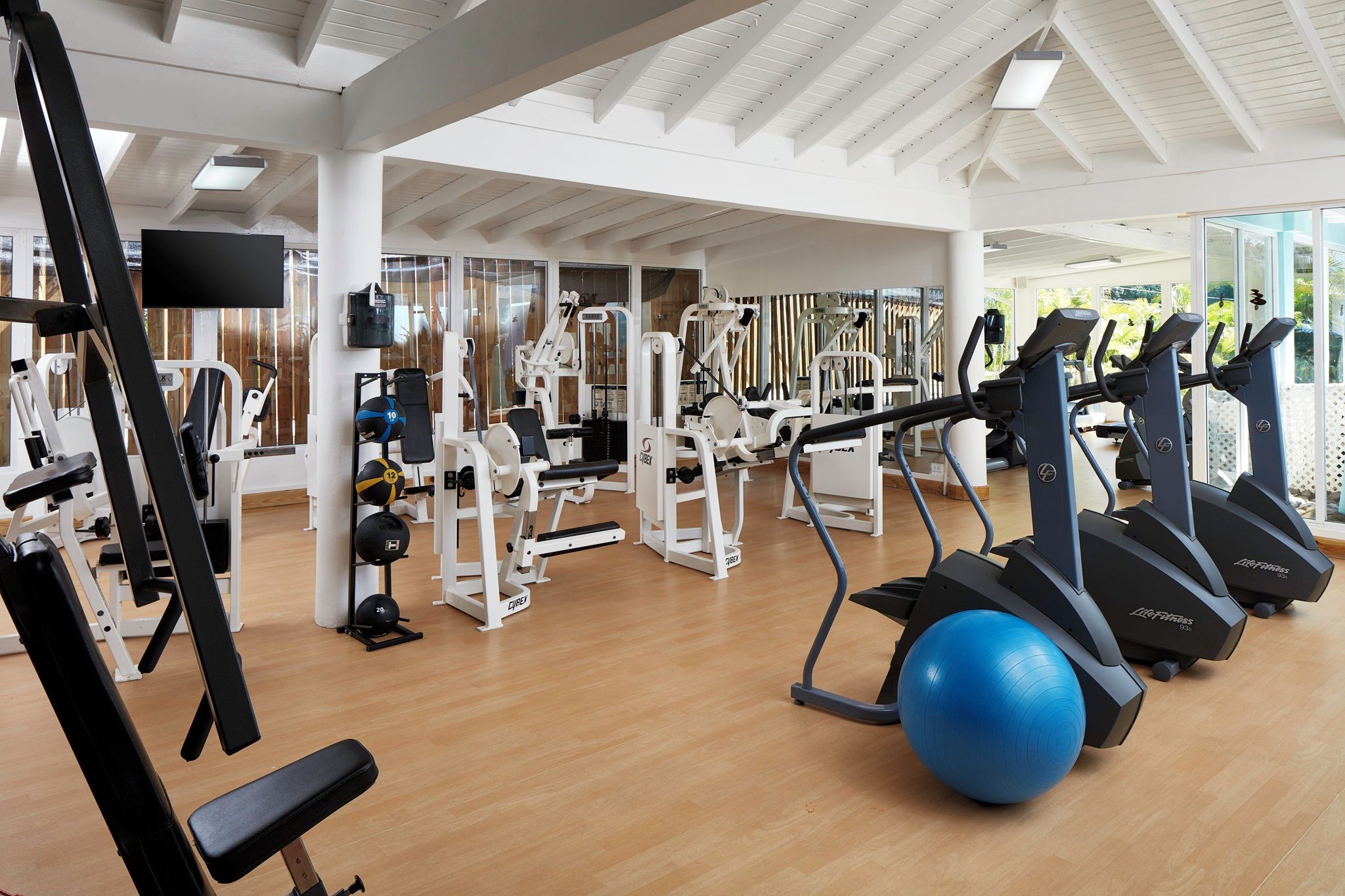 Un gimnasio con diverso equipo de ejercicio, que incluye cintas de correr y máquinas de pesas, y una pelota de ejercicio azul grande.