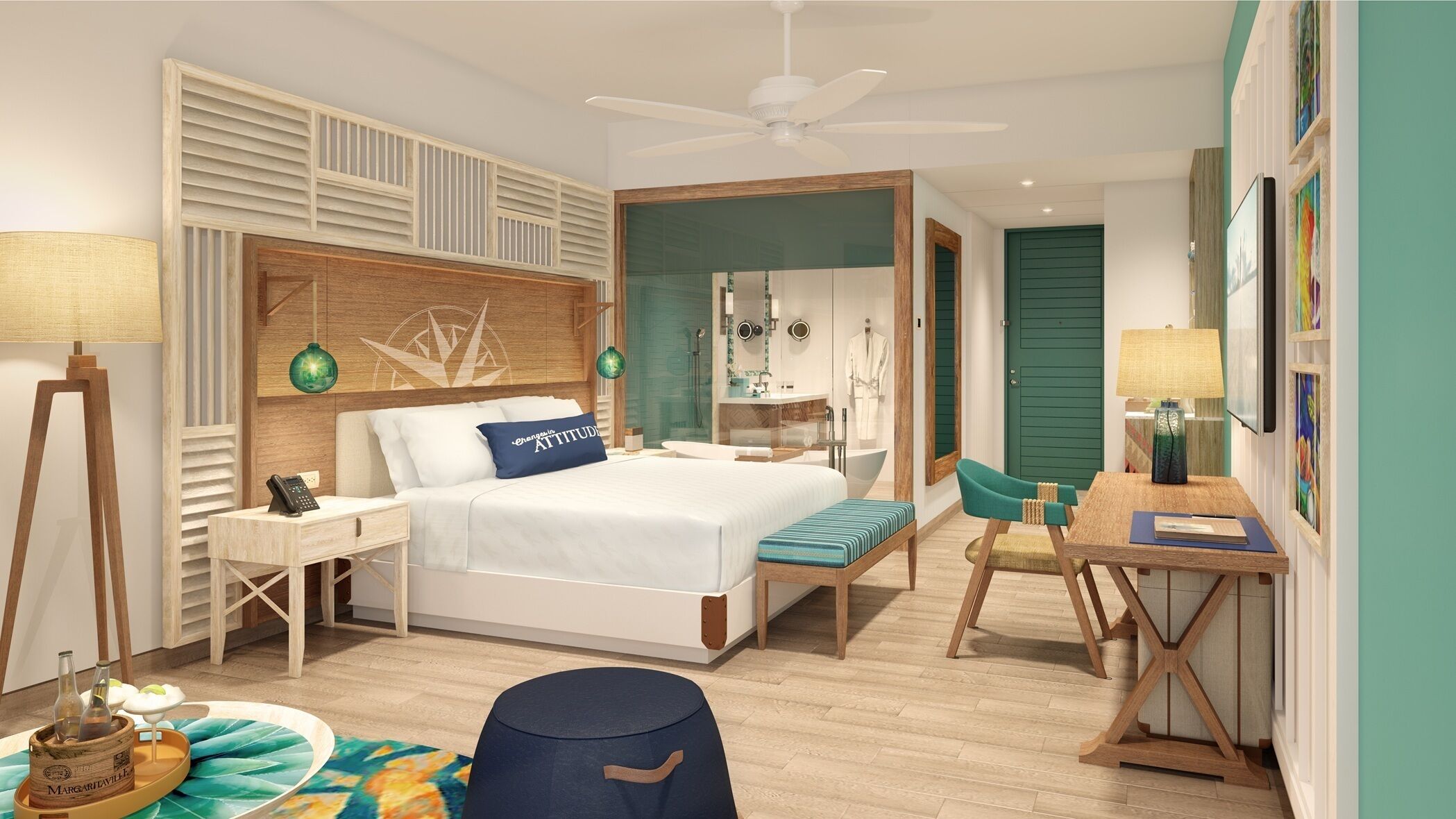 A modern bedroom with a bed, bedside table, desk, chair, and a bathroom visible through an open door.