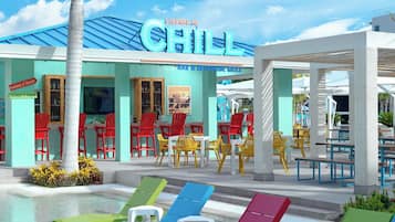 A poolside area with colorful lounge chairs, a bar and beachside grill, and a building with a 'CHILL' sign.