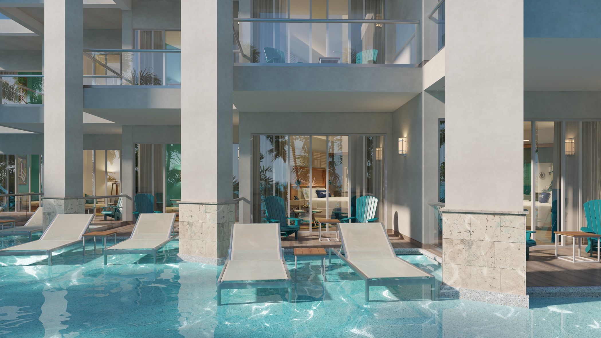 Area piscina su più livelli con poltrona relax e una stanza vetrata con letto.