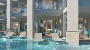 A multi-level pool area with lounge chairs and a glass-enclosed room with a bed. - Margaritaville Island Reserve Riviera Maya (Puerto Morelos)