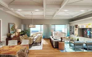 A spacious living room with a dining area, large windows, and a flat-screen TV.