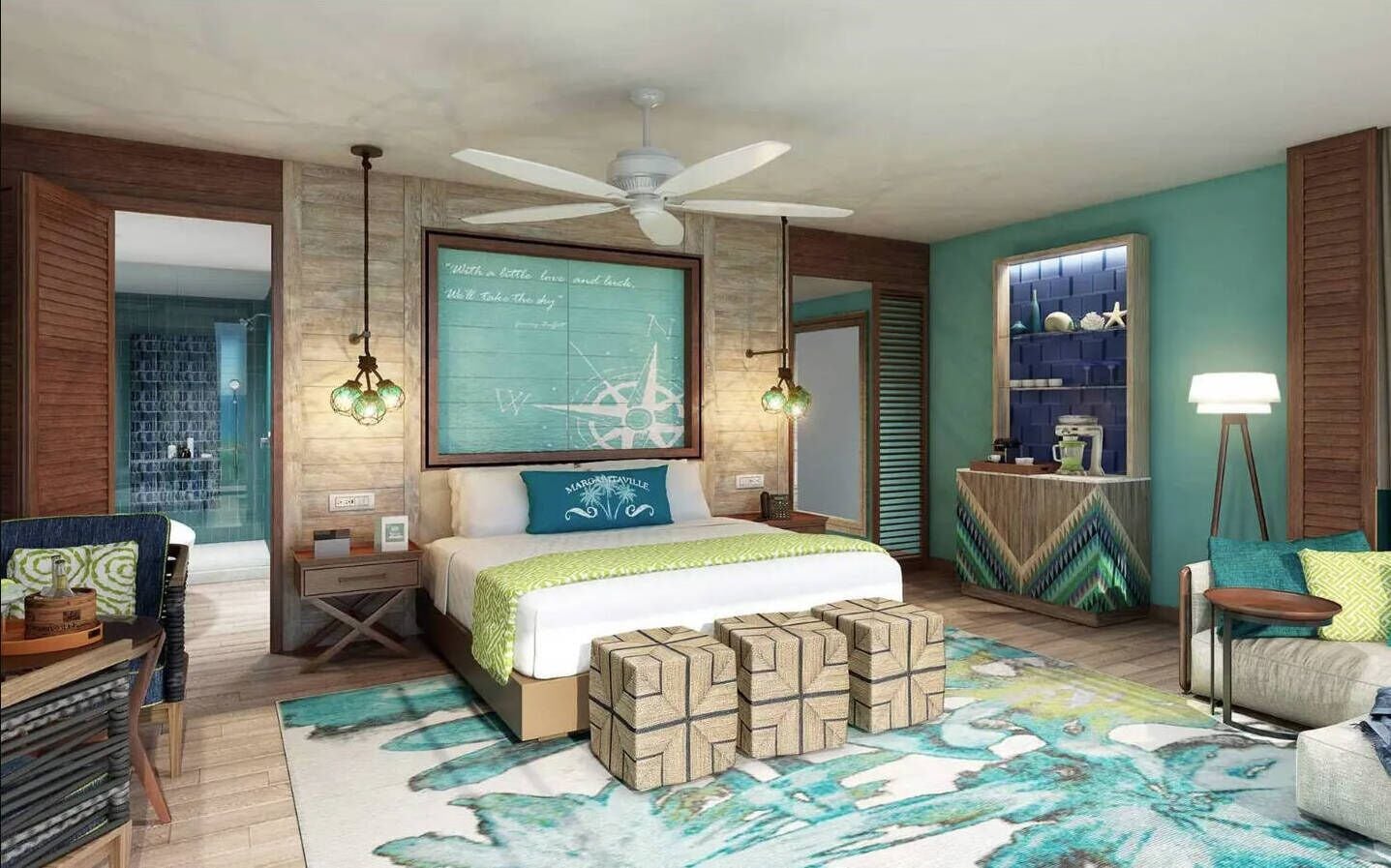 A bedroom with a bed, a ceiling fan, a wall clock, a bedside table, a nightstand, a lamp, and a rug.