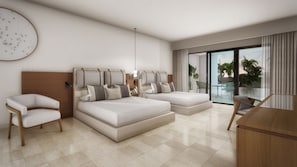 Une chambre d’hôtel moderne équipée de deux lits, d’un bureau, d’une chaise et d’une grande fenêtre donnant sur des palmiers.