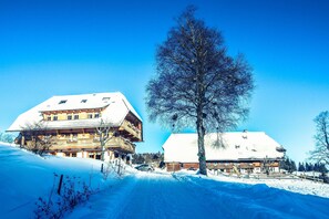 Un bâtiment enneigé avec un balcon, un grand arbre et un ciel bleu dégagé.