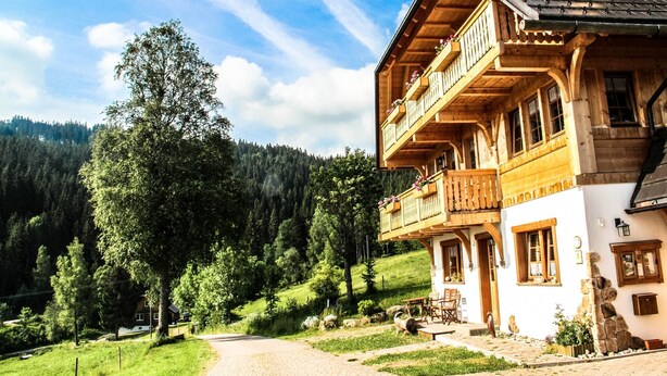 Een houten chalet met balkon, een stenen muur en uitzicht op een beboste heuvel.