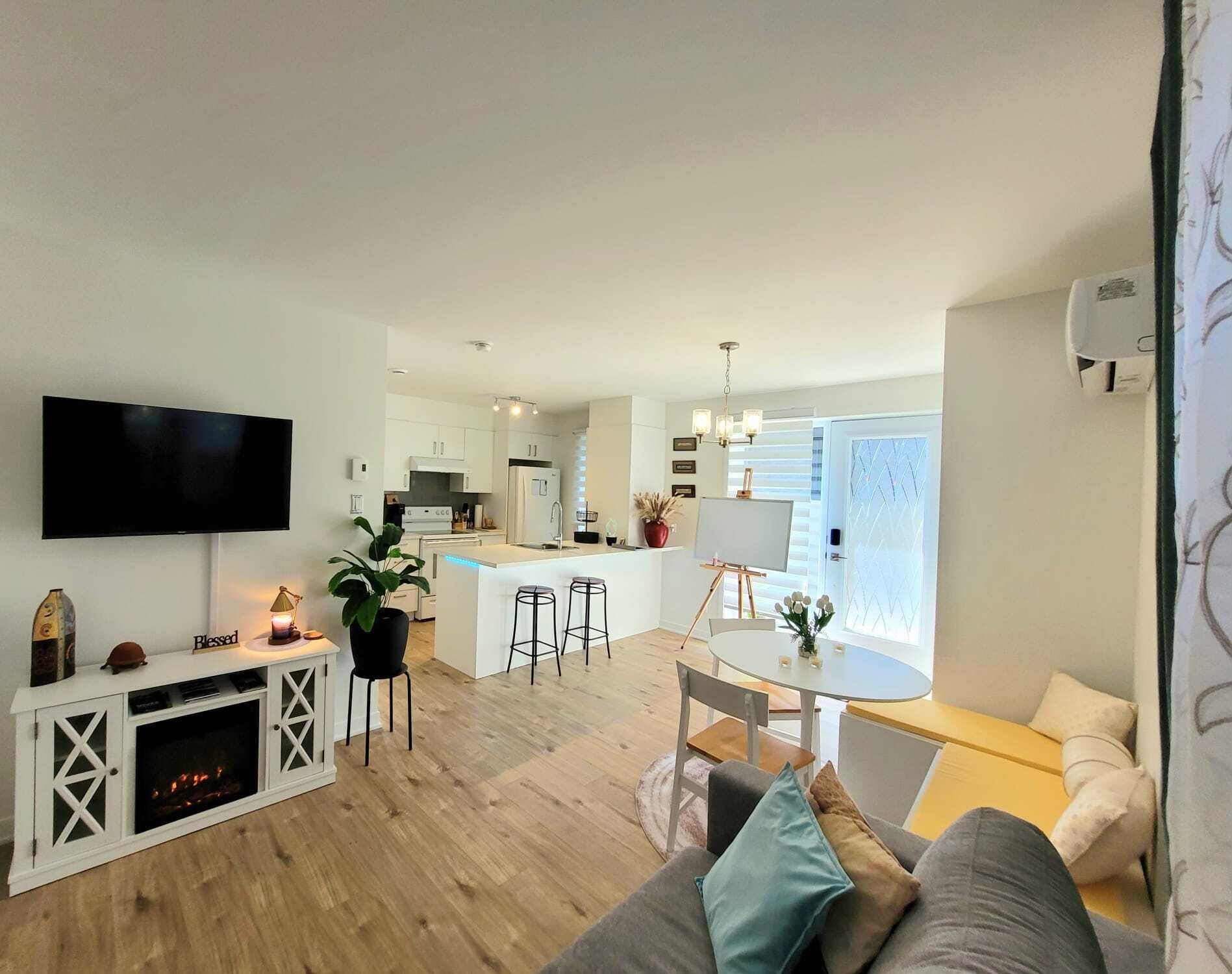 TV connectée, cheminée, livres