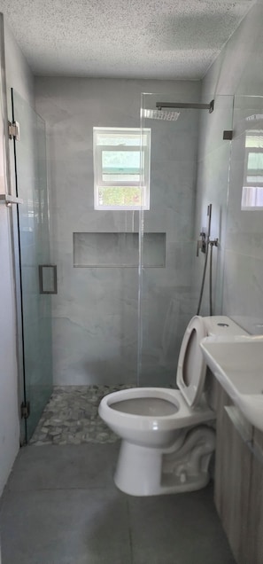 Hair dryer, towels, soap, toilet paper
