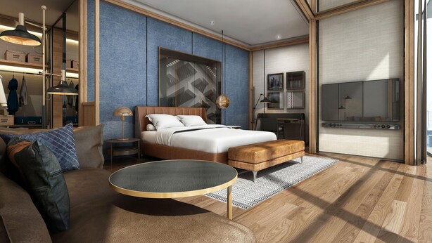 A modern bedroom with a large bed, a sofa, a round table, and a wardrobe. - KYLN Hotel Suzhou (Suzhou)