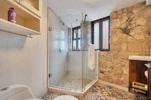 Shower, hair dryer, towels