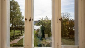 A window with a view of a grassy area and trees.