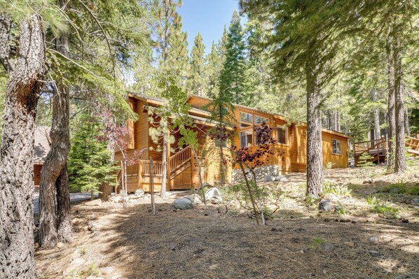 A log cabin with a wooden deck, surrounded by tall pine trees and a clear sky.