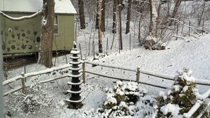 A snow-covered outdoor area with a wooden fence, a stone wall, and a small building with a green exterior.