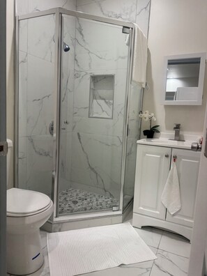 Hair dryer, towels, soap, toilet paper