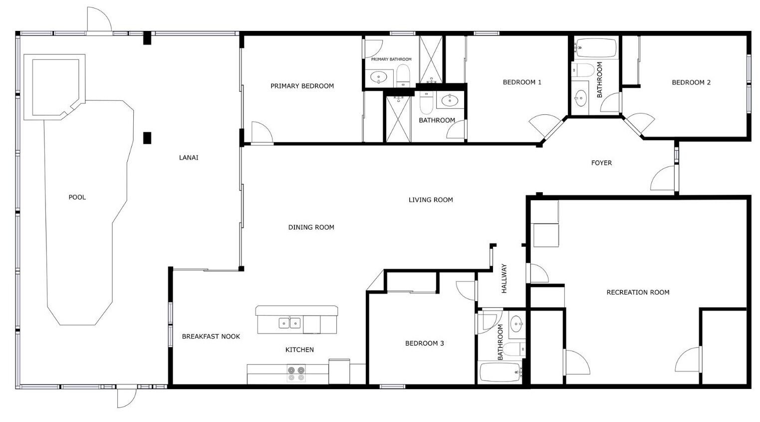 Plan d’étage d’un hôtel comprenant une piscine, une chambre principale, deux chambres, un salon, une salle à manger, une cuisine, un coin petit-déjeuner, une salle de bain, un hall d’entrée, un couloir et une salle de loisirs.