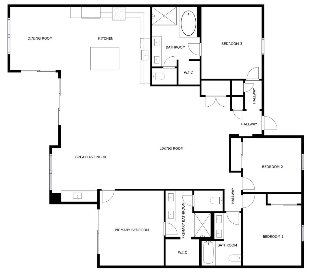 A floor plan of a hotel with a dining room, kitchen, three bedrooms, two bathrooms, a living room, a breakfast nook, and a hallway.
