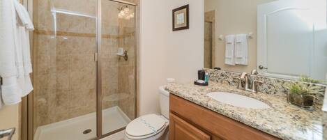 A bathroom with a glass-enclosed shower, a toilet, a sink with a granite countertop, and a mirror.