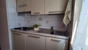 Une cuisine de taille réduite, avec des meubles blancs, une cuisinière à gaz et un évier.