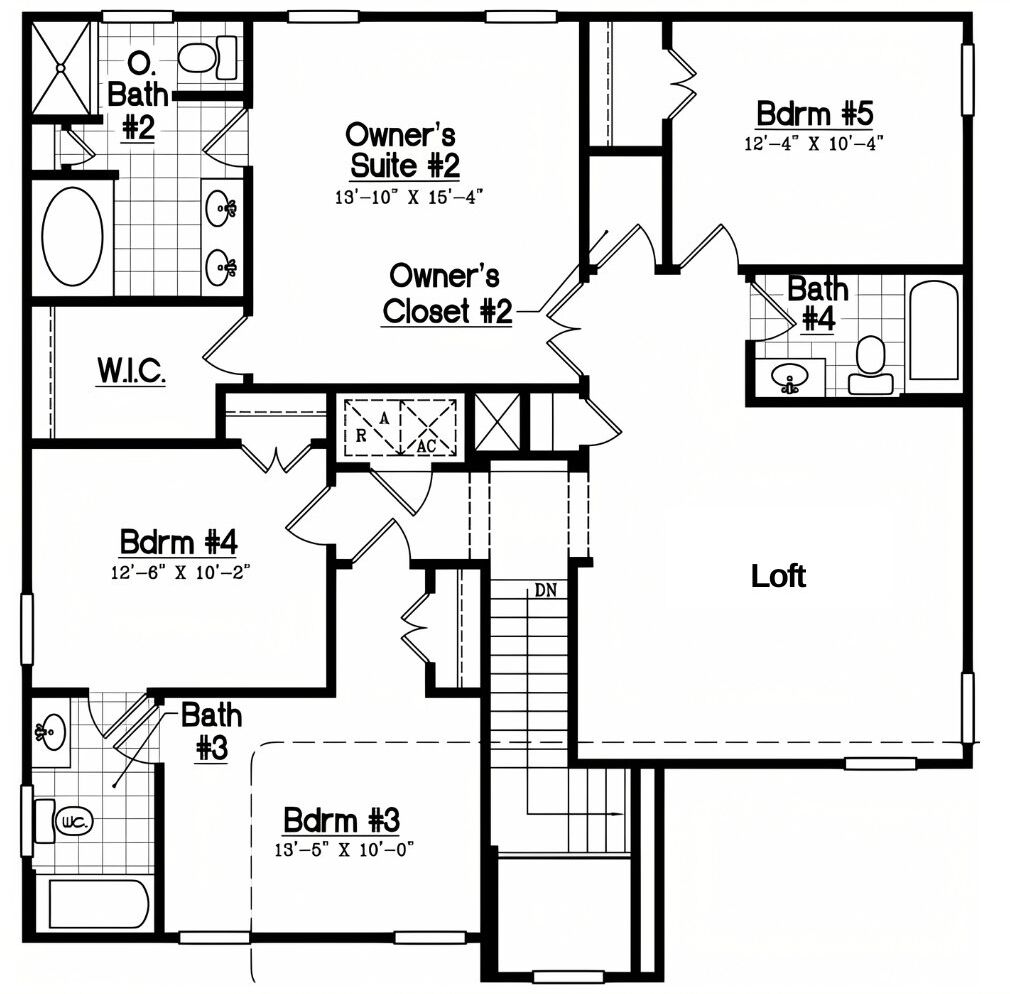 Plano de planta de una suite de hotel con tres baños, un altillo y un área de aseo.