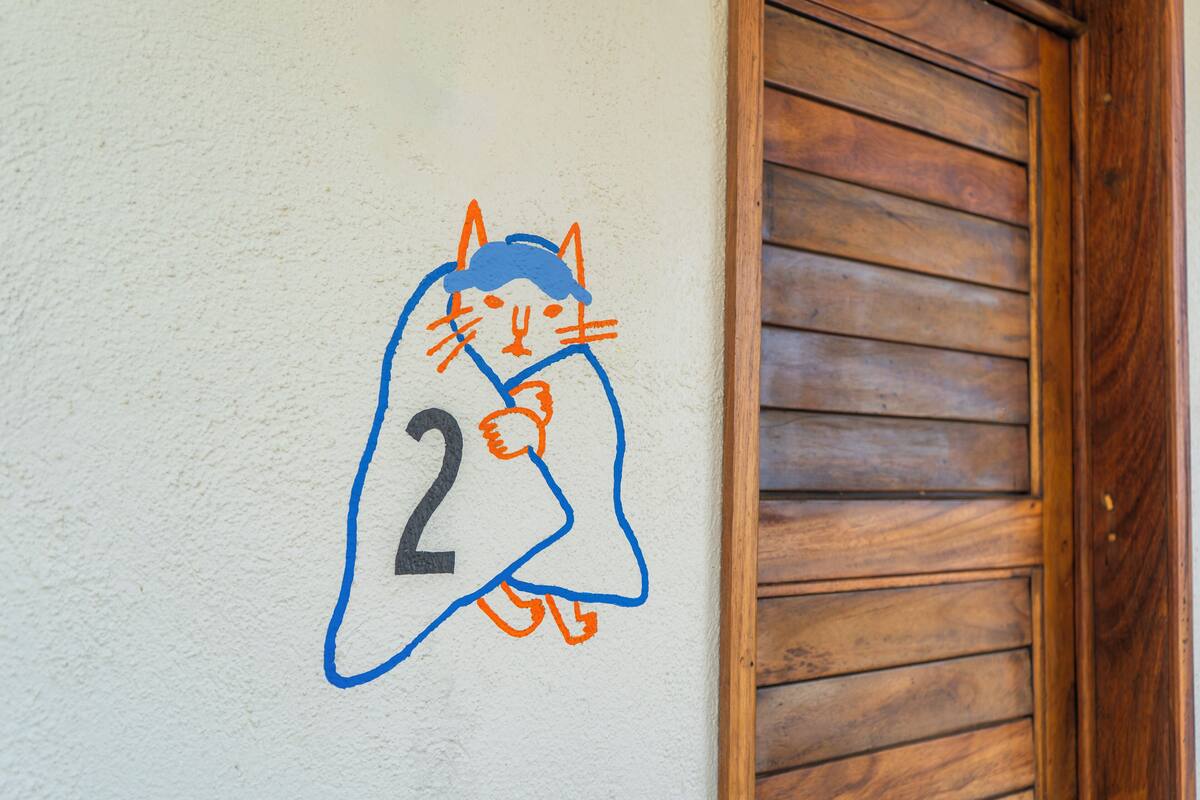 Pared con un gato dibujado a mano y el número 2, que indica una habitación o apartamento.