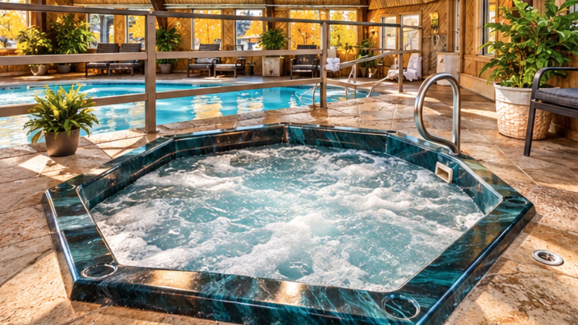 A hot tub with a stone surround, a pool in the background, and outdoor seating.