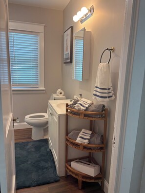 Hair dryer, towels, soap, toilet paper