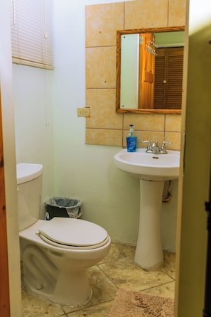 Shower, towels, soap, toilet paper