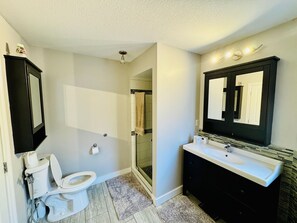 Jetted bath, hair dryer, bidet, towels