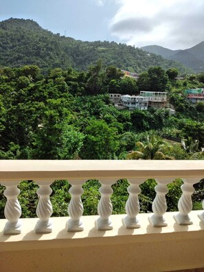 Uma varanda com vista para uma paisagem verdejante e um edifício com vários andares.