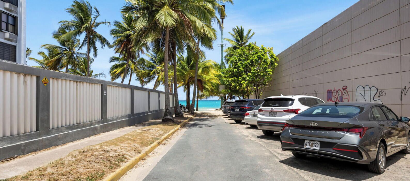 A street lined with parked cars, palm trees, and a building with graffiti.