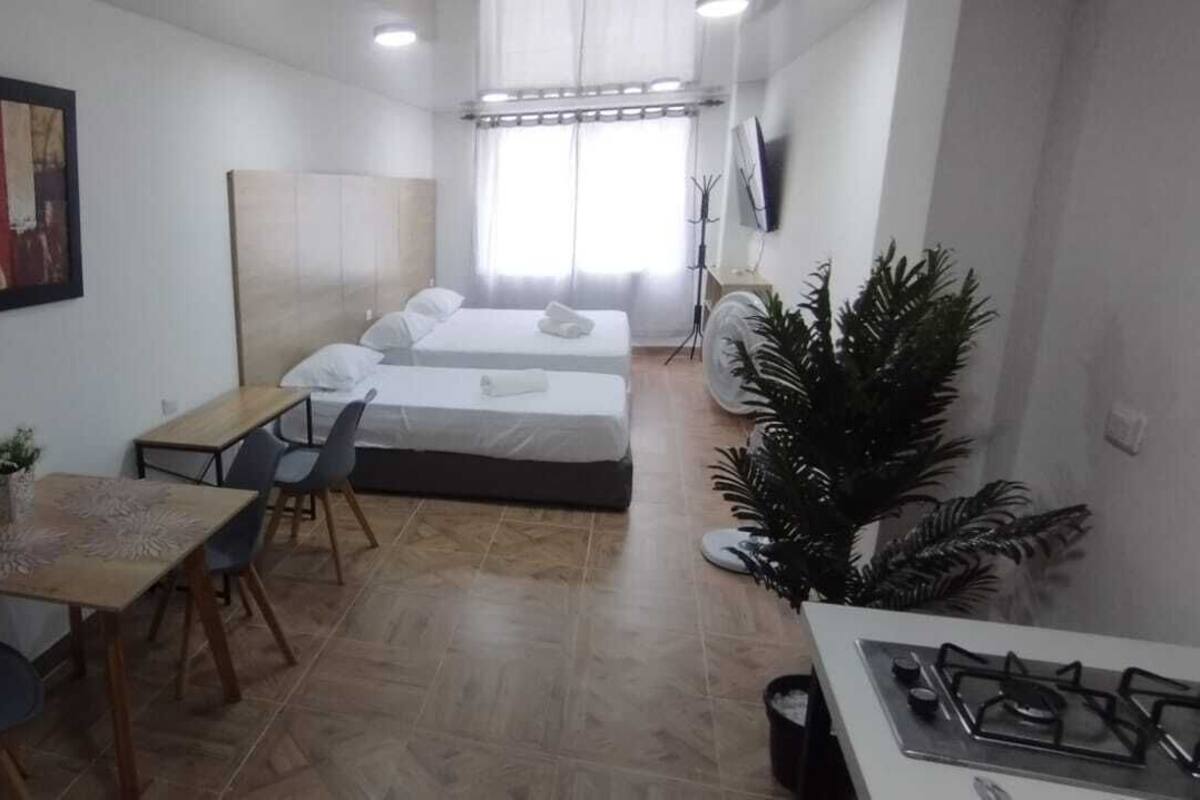 A compact hotel room with a bed, a small table with chairs, a desk, a TV, and a potted plant.