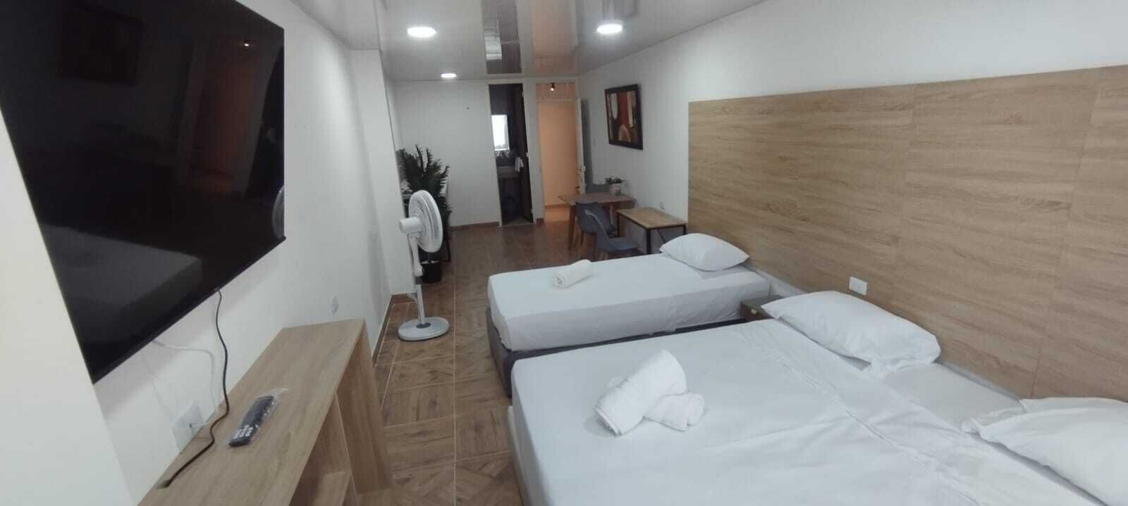 A hotel room with two beds, a TV, a desk, and a plant.