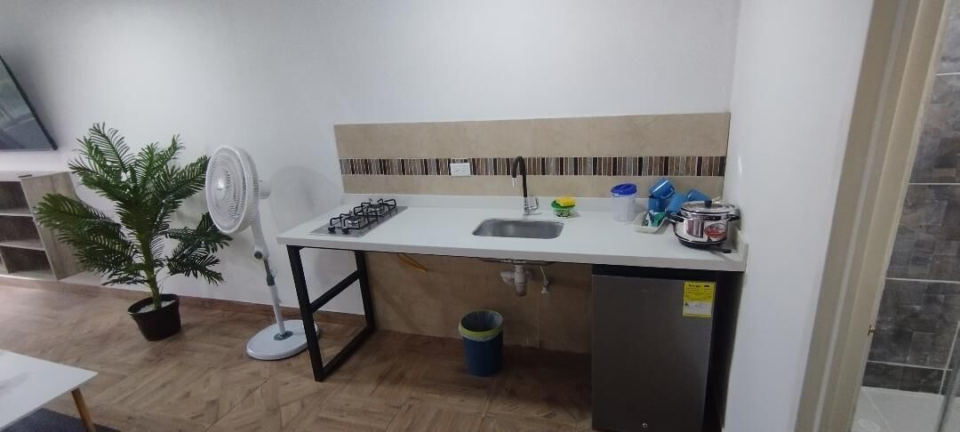 Cocina compacta con un lavamanos, estufa a gas, ventilador y basurero.