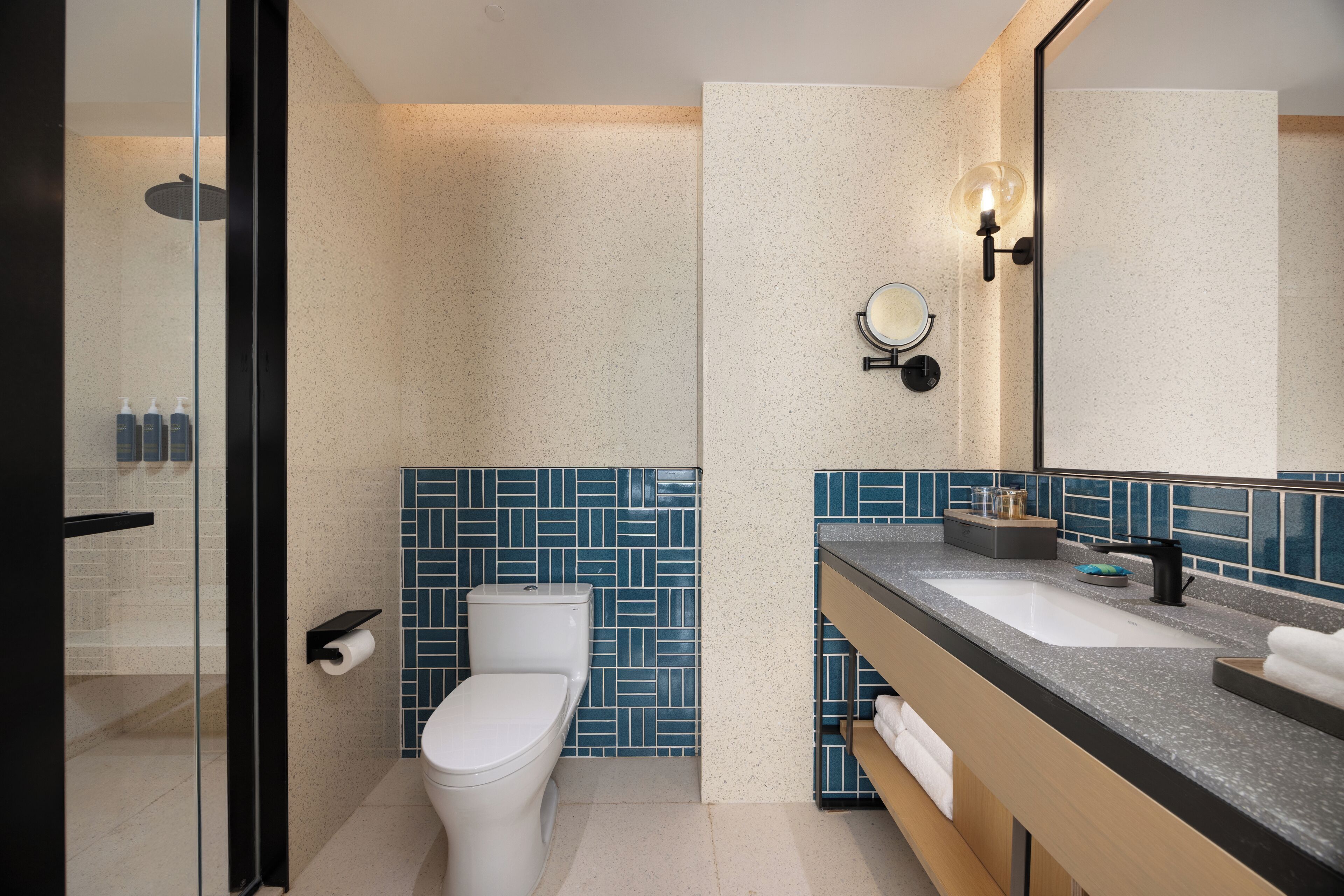A modern bathroom with a glass shower enclosure, a white toilet, and a vanity with a sink and mirror.