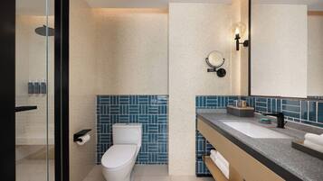 A modern bathroom with a glass shower enclosure, a white toilet, and a vanity with a sink and mirror.