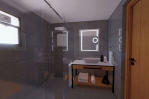 A modern bathroom with a glass shower enclosure, a white sink with a vessel basin, and a wooden door. - Protea Hotel by Marriott Kinshasa (Kinshasa)