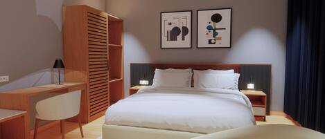 A modern bedroom with a large bed, a desk, and a chair. There are two bedside tables with lamps.