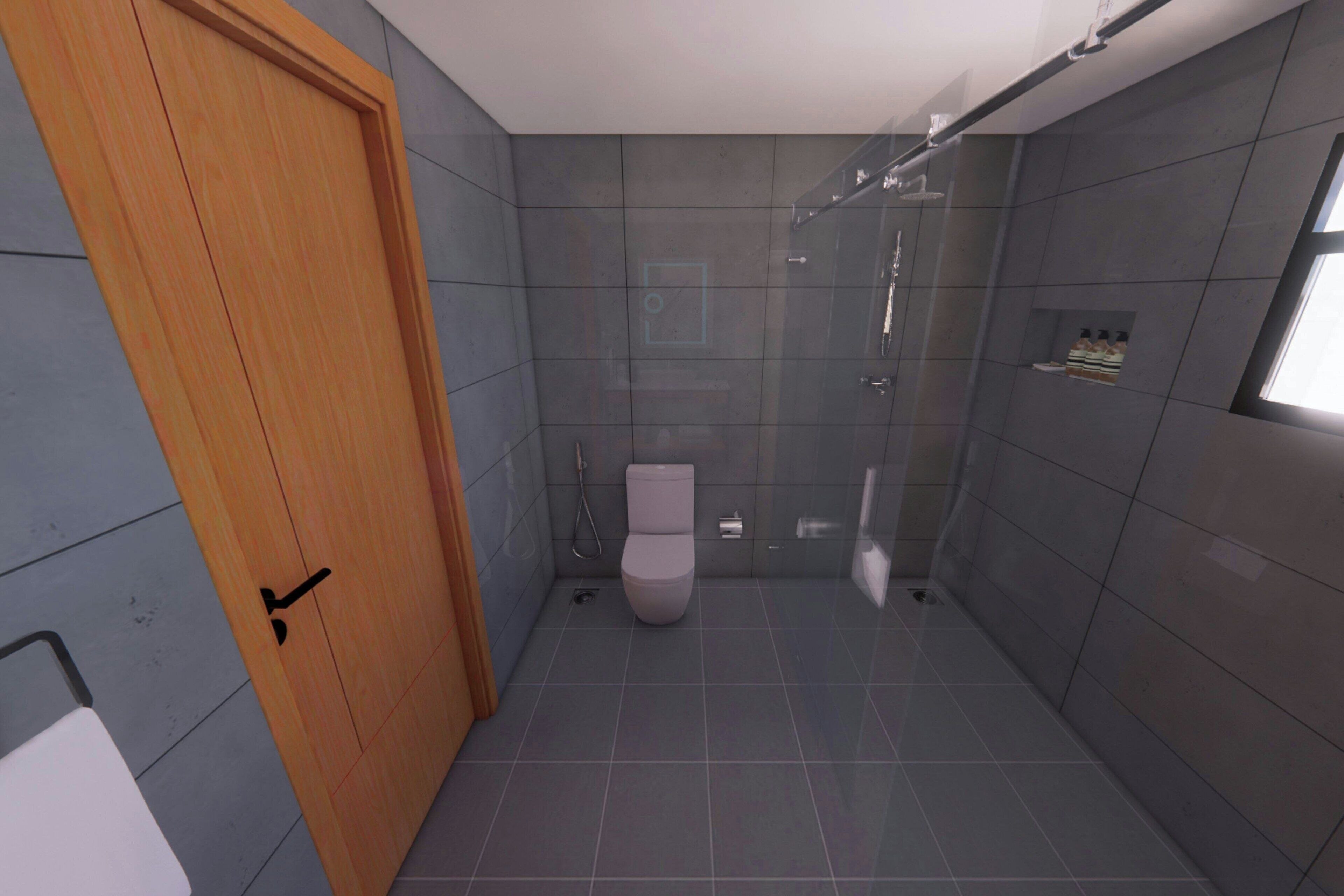 Une salle de bain moderne avec une porte en bois, des toilettes, une douche et un sol carrelé.
