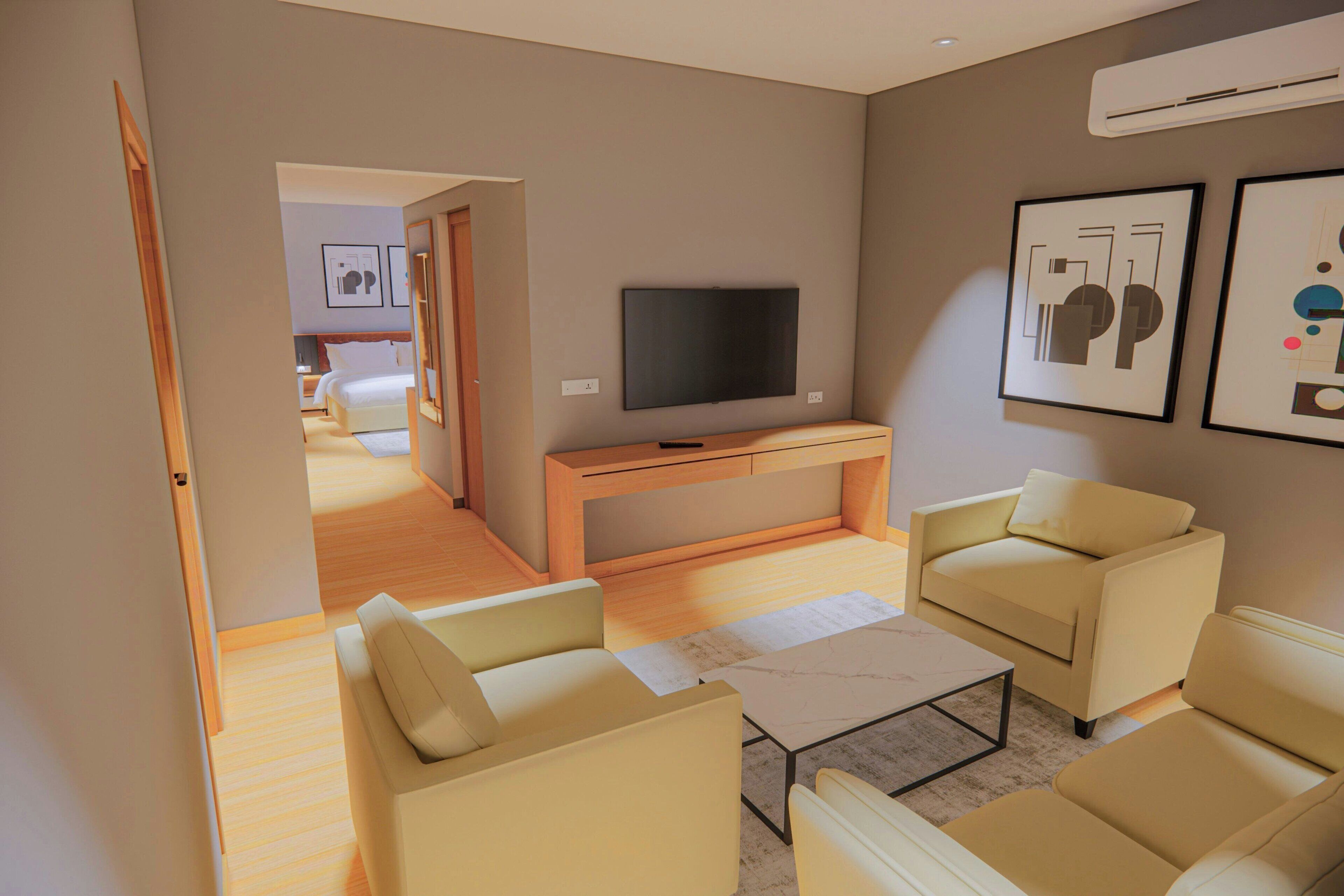 Suite Deluxe, 1 chambre, balcon, vue fleuve | Salle de séjour | Télévision LED de 55 pouces avec chaînes par câble