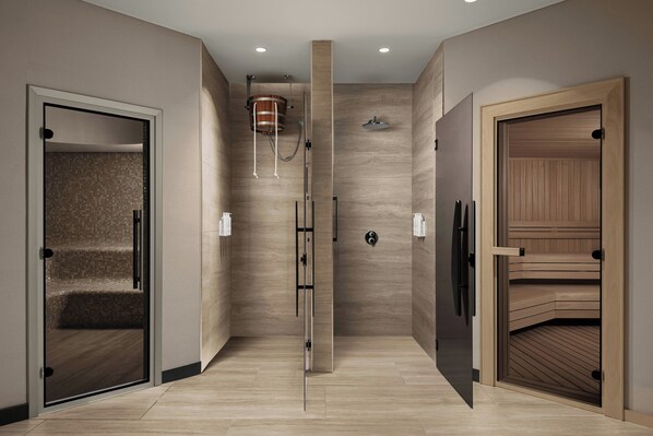 Een moderne badkamer met een douche, een houten bad en een douchecabine met glazen wanden.