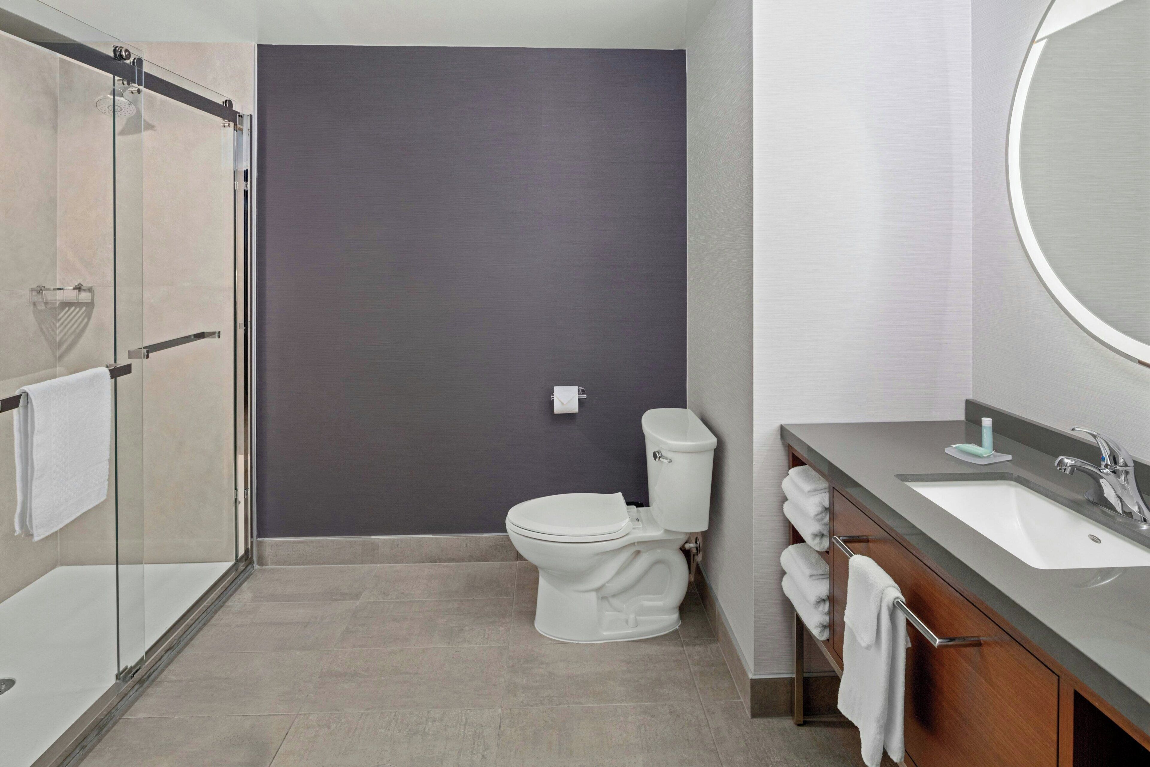 A modern bathroom with a glass shower enclosure, a white toilet, and a vanity with a sink and mirror.