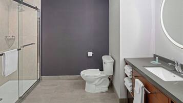 A modern bathroom with a glass shower enclosure, a white toilet, and a vanity with a sink and mirror.