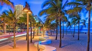 Un paseo marítimo en la playa con palmeras, un sendero curvo y una calle con estelas de luz.
