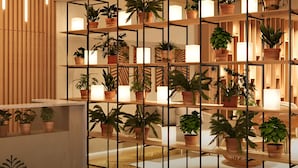 Un interior moderno con una estantería geométrica que muestra plantas en macetas y velas.