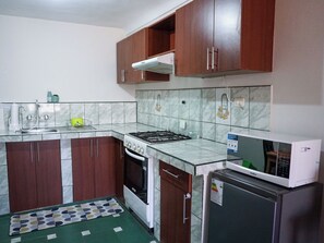 Fridge, microwave, stovetop, coffee/tea maker