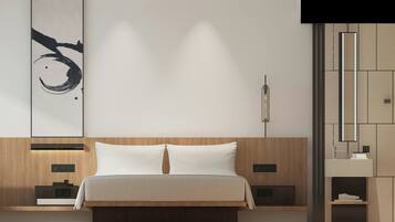 A modern bedroom with a wooden headboard, a large bed with white linens, a wall-mounted light, and a minimalist decor.
