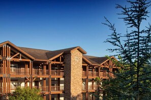 A multi-story lodge with a stone central tower, wooden balconies, and a clear view of the surrounding forest. - Jacuzzi Tub + Fireplace in a Quiet Setting Close to Branson’s Main Strip (Branson)